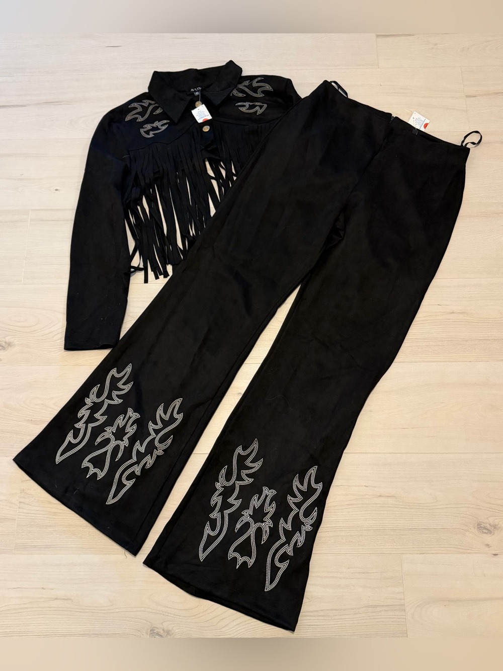 love J Black Fringed Jacket & Flared Pants Western Set